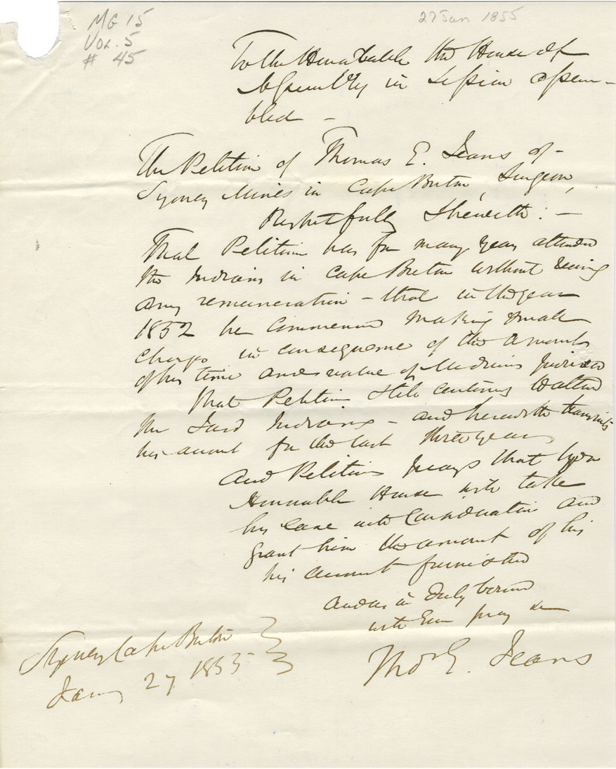 Petition of Dr. Jeans requesting reinbursement for his services to the Mi'kmaq over the years.