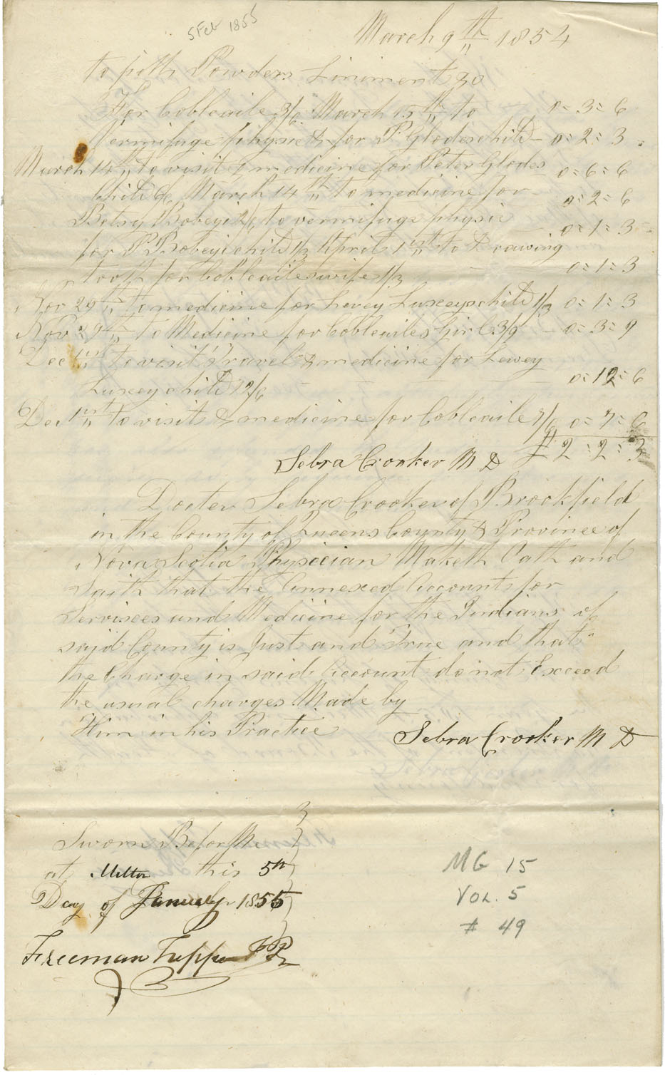Petition of Dr. Crooker for payment for attendance on and medicine to Mi'kmaq of the northern district of Queens County.
