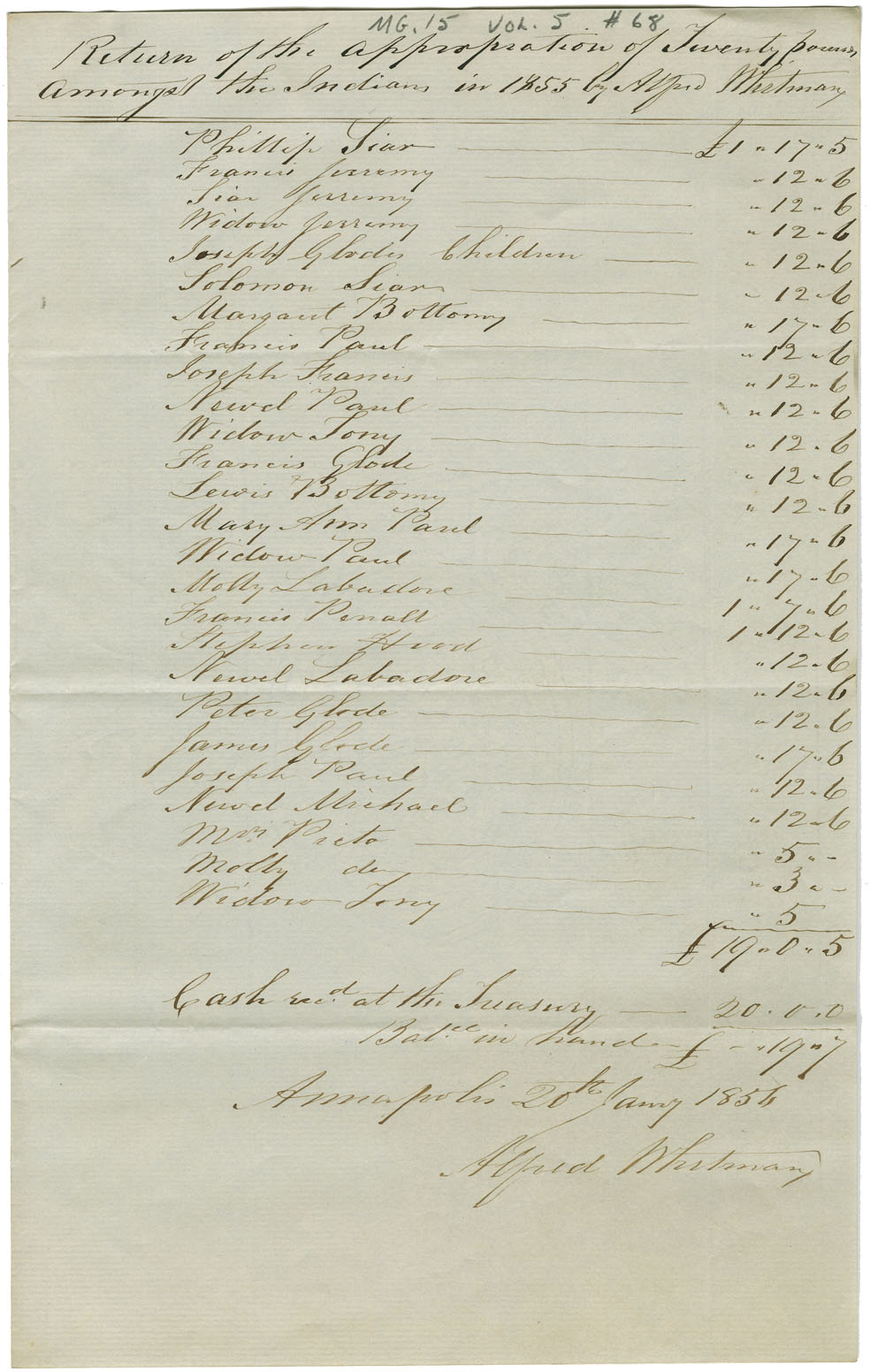 Account of the appropriation of money for Annapolis Mi'kmaq by Alfred Whitman.