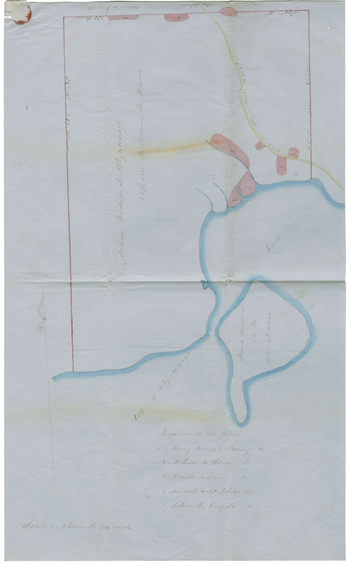 Petition of residents of Whycocomagh, Inverness County, requesting that the Mi'kmaq reserve be divided and half of it sold, with accompanying map. Mentions John Spry Morris.