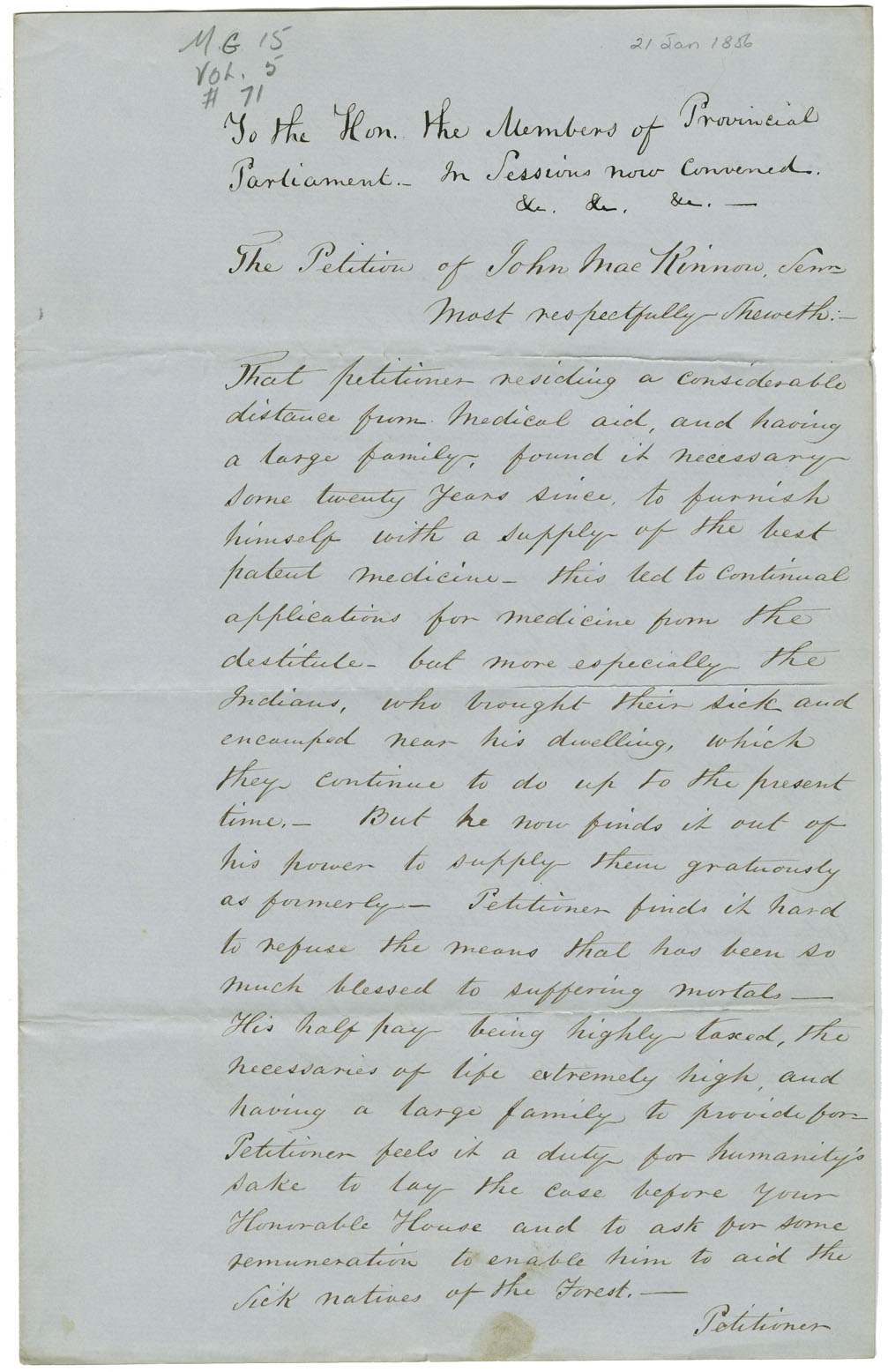 Petition of John MacKinnon of North sydney requesting money from government to support his habit of supplying free patent medicine to the Mi'kmaq.