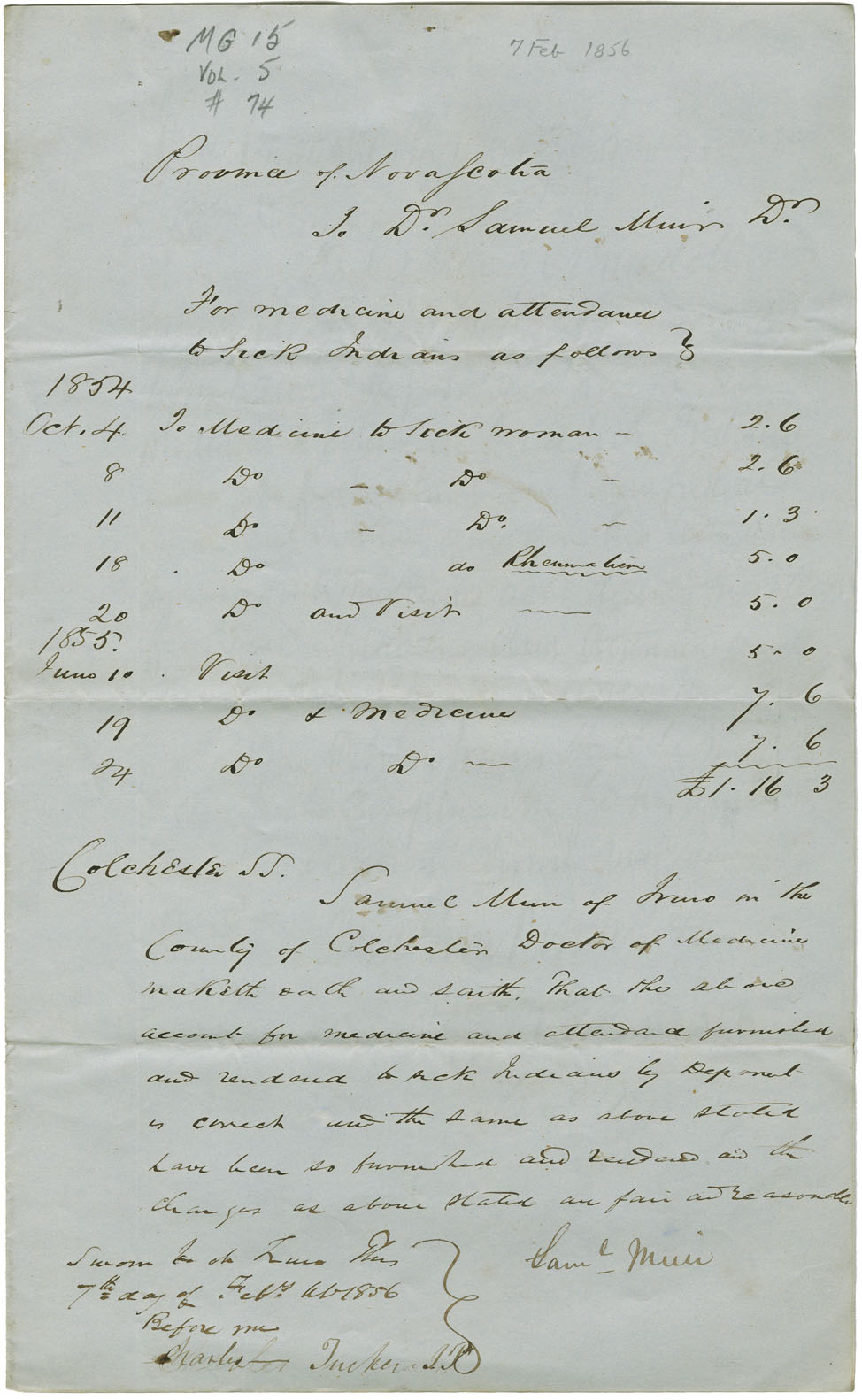 Petition of Dr. Muir for payment for services to Mi'kmaq of Colchester.
