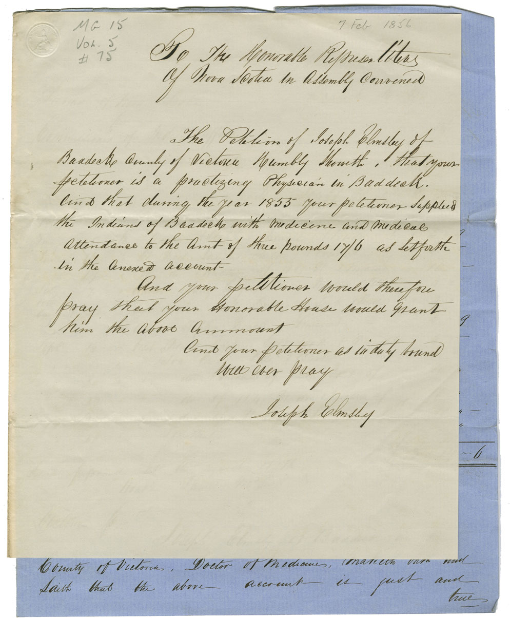 Petition of Joseph Elmsley of Baddeck, Victoria County, for payment of medical services to Mi'kmaq of Colchester.