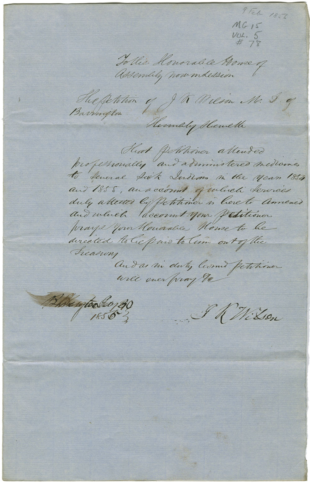 Petition of J.K. Wilson of Barrington, requesting payment for services to Mi'kmaq.