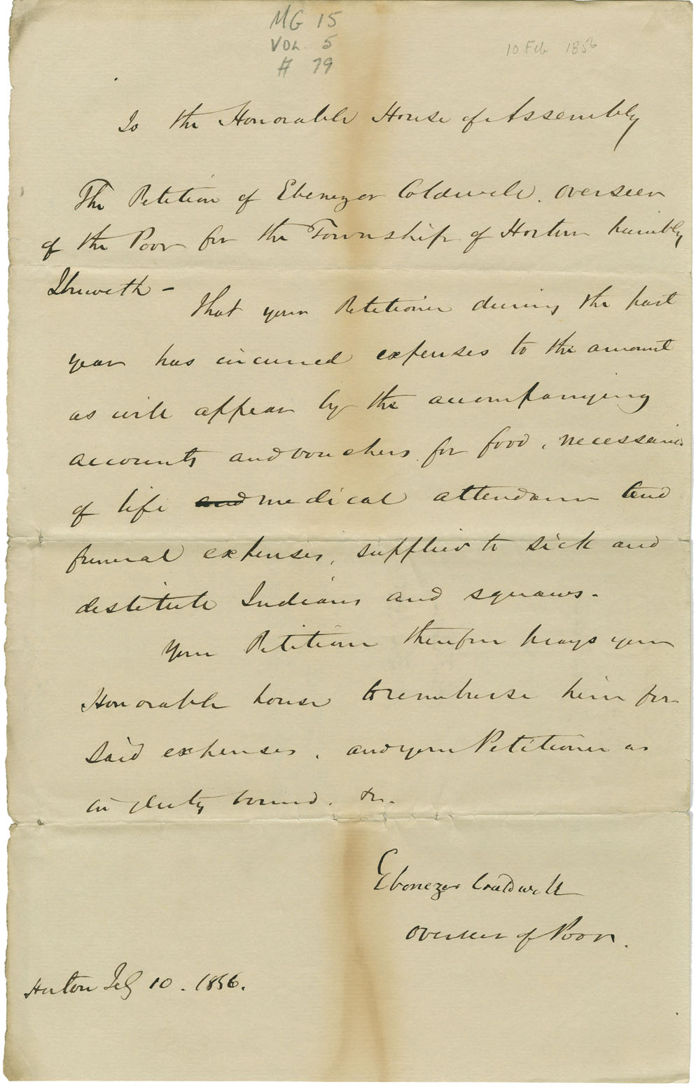 Petition of Ebenezer Coldwell, Overseer of the Poor for the township of Horton, requesting payment of expenses incurred in the past year.