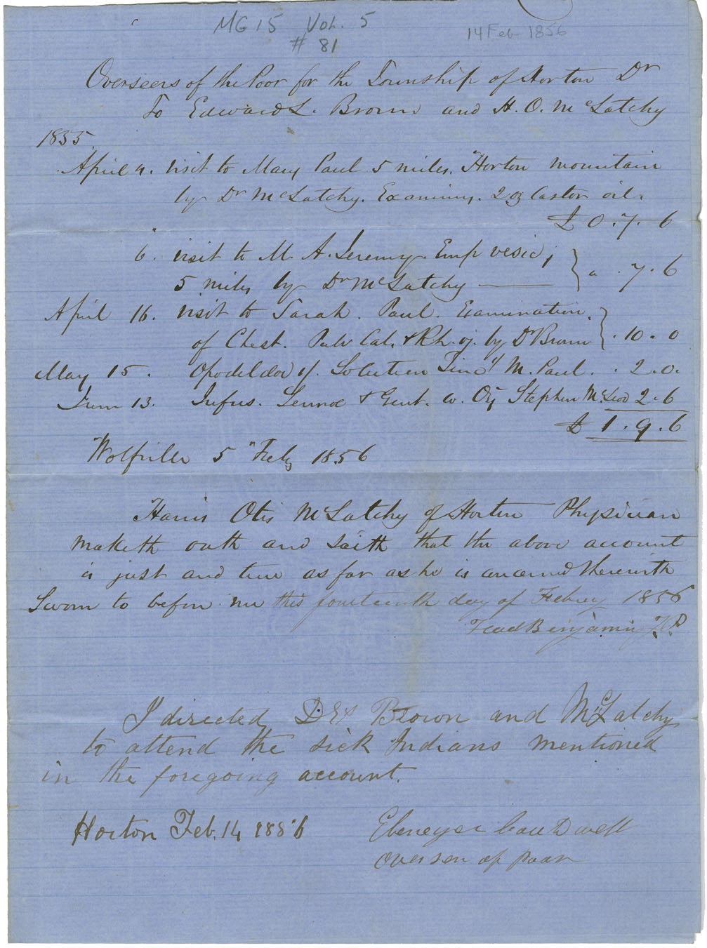 Petition of Dr. Brown and H.O. McSatchy of Horton township requesting money for services to Mi'kmaq.