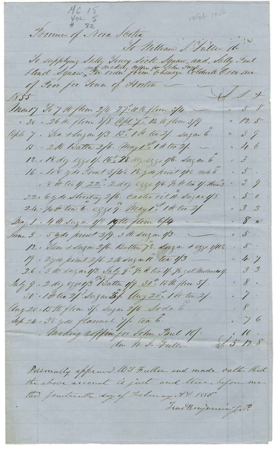 Petition of William J. Fuller for payment for supplies for Sally Toney and Sally Paul, an for making a coffin for John Paul of Horton.