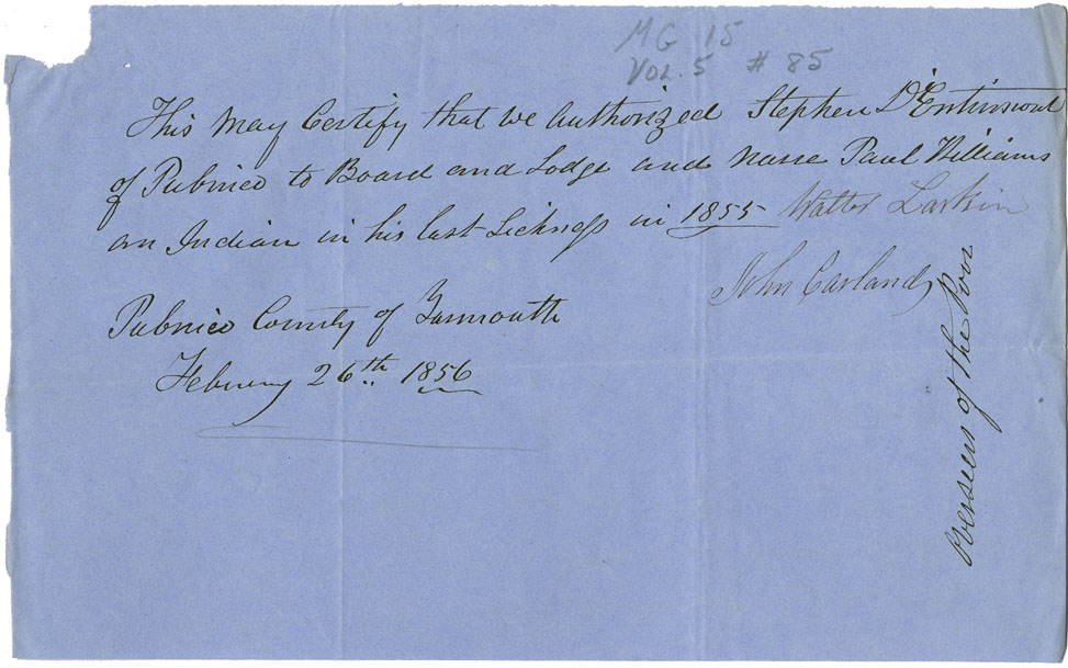 Petition of Stephen D'Entrimont and supporting documents, for payment for expenses incurred in caring for Paul Williams, a Mi'kmaq man who subsequently died.