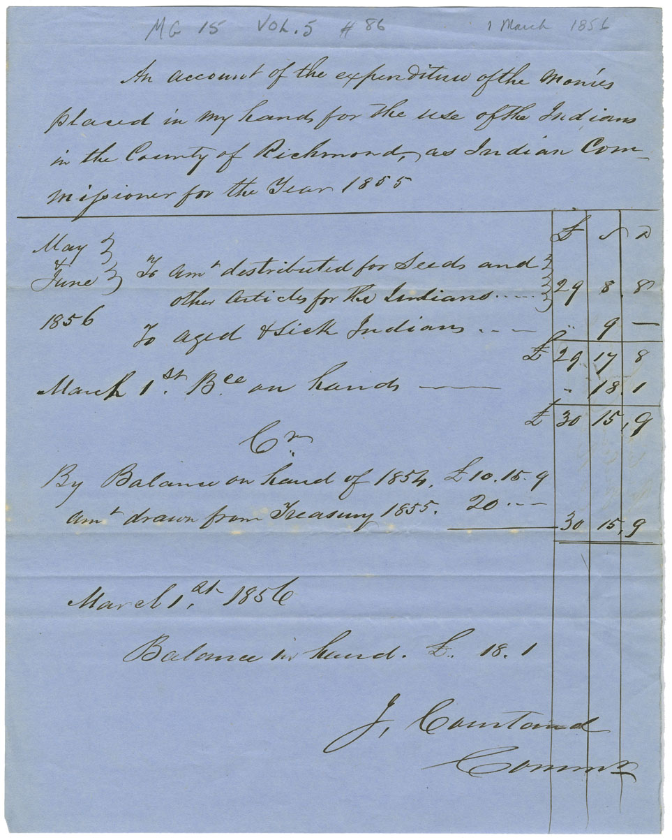 Account of the expenditure of monies placed in control of J. Courtend, Indian Commissioner for Richmond County.