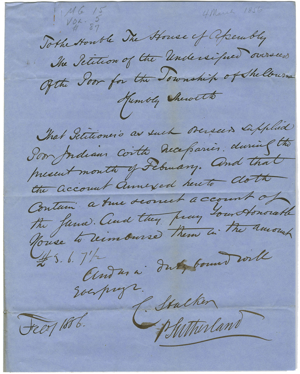 Petition of Overseers of the Poor for Shelburne requesting payment for supplies given to Mi'kmaq.