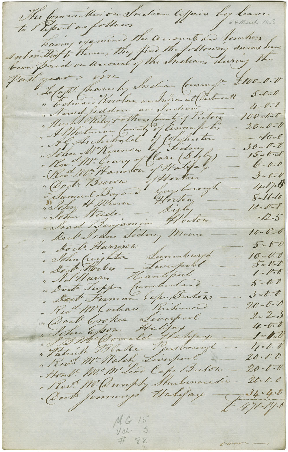 Report of the Committee on Indian Affairs, showing sums paid on account of the Mi'kmaq.