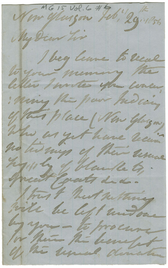 Letter from H.A. Nully of New Glasgow concerning poverty among the Mi'kmaq.