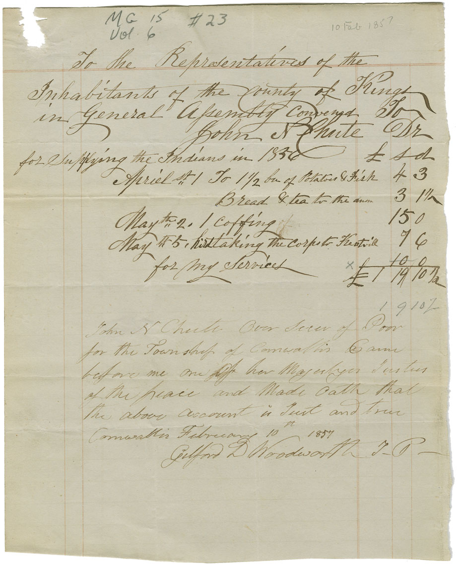 Petition of Dr. John N. Shute, Overseer of the Poor for Cornwallis, for money for supplies to Mi'kmaq in 1856.