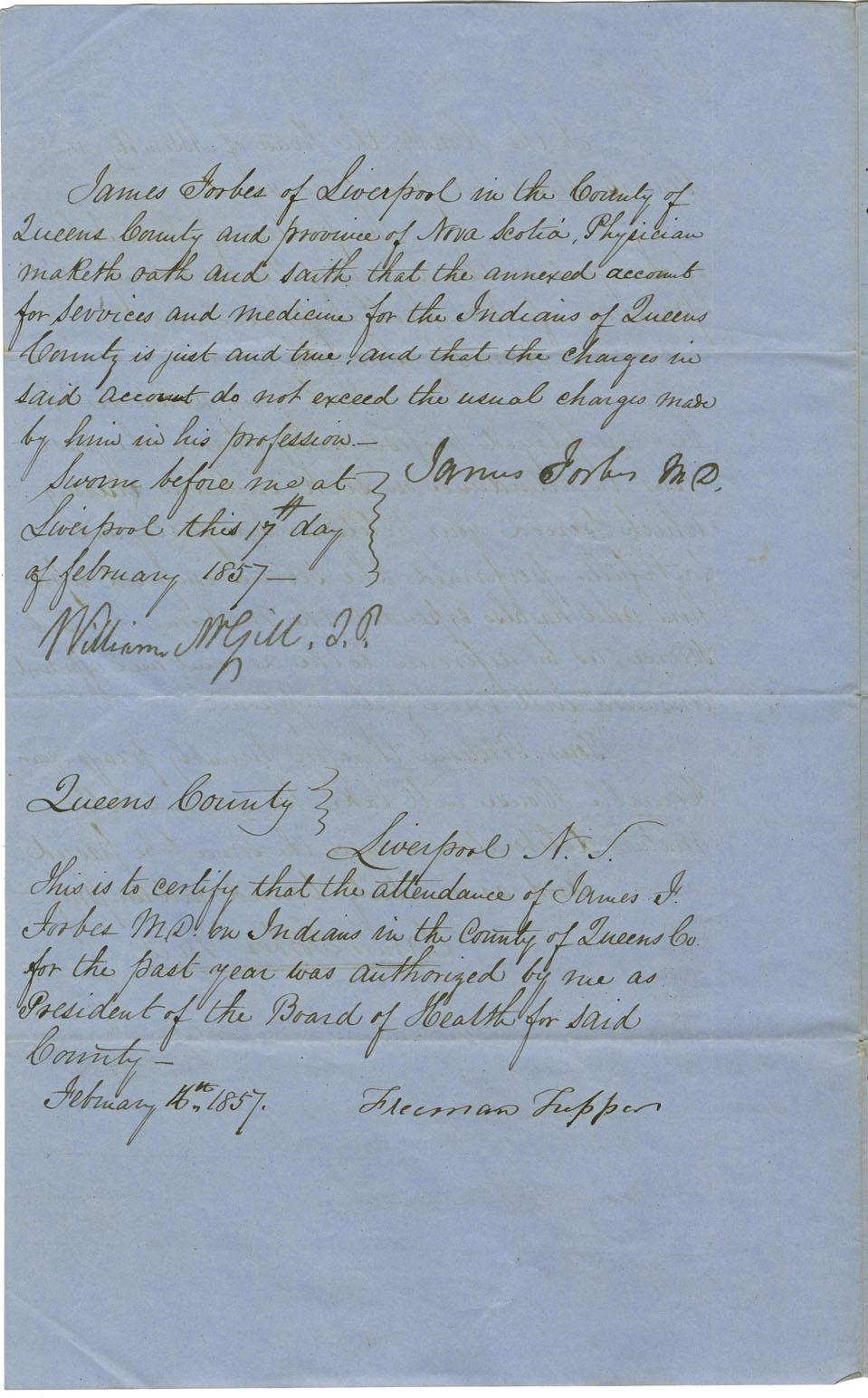 Petition of Dr. Forbes of Liverpool for money for care of Mi'kmaq in 1856 and 1857.