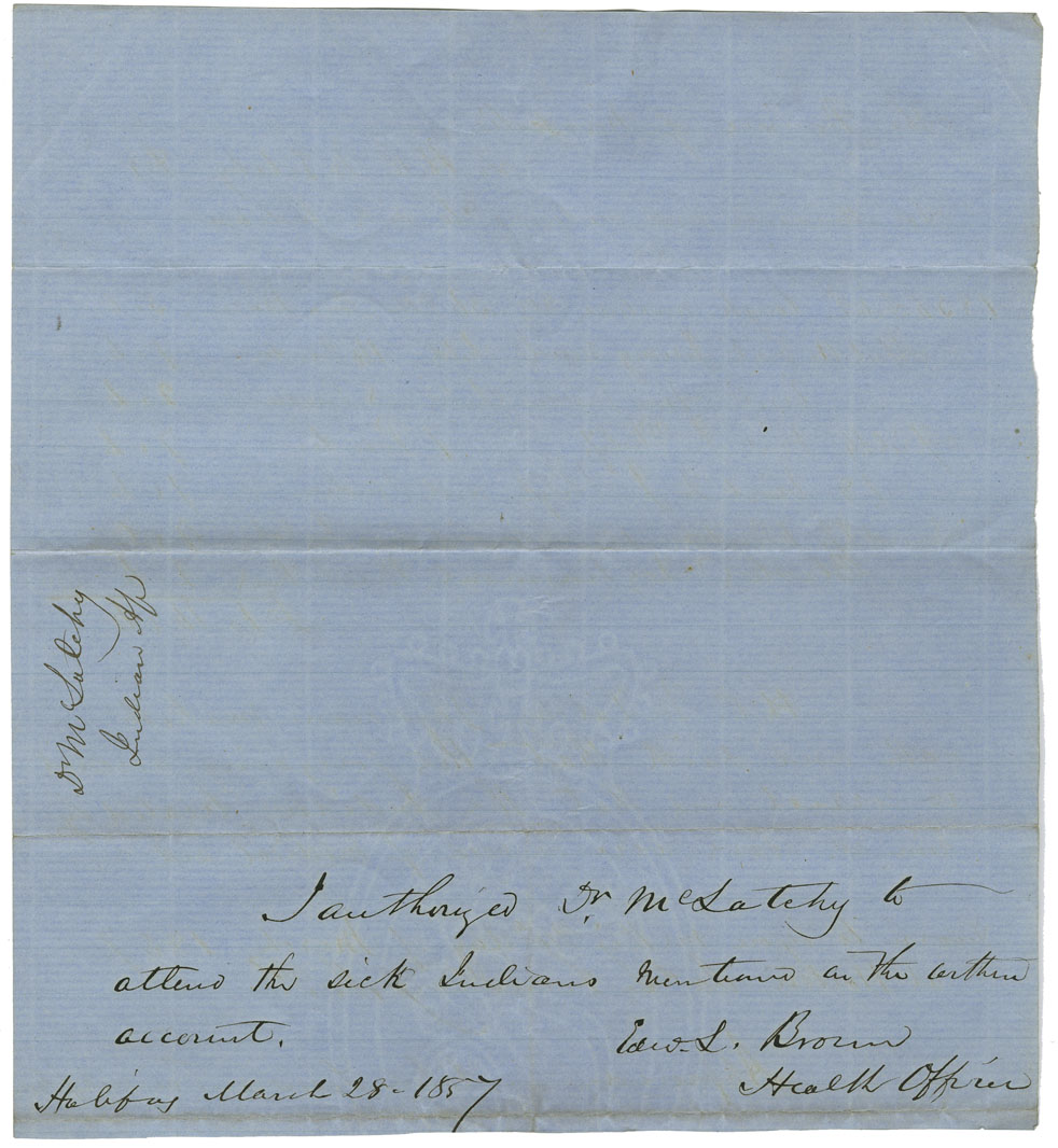 Petition of Harris O. McLatchy of Horton, physician, for money for services to Mi'kmaq in 1856.