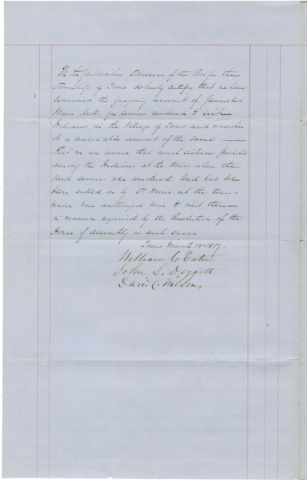 Account of services of Dr. Samuel Morris for sick Mi'kmaq at Truro, and an accompanying letter.