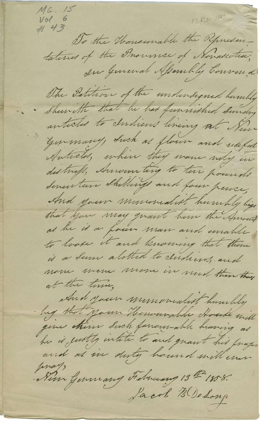 Petition of Jacob B. DeLong of New Germany for money for services to Mi'kmaq.