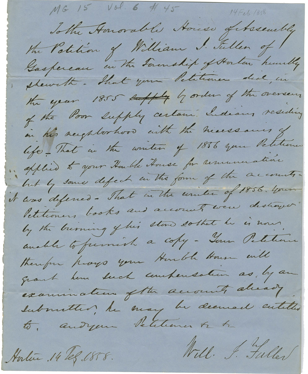 Petition of William J. Fuller of Gaspereau for payment for services to Mi'kmaq.