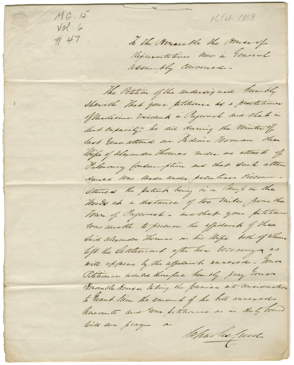 Petition of Dr. Charles Creed for money for services to Mi'kmaq, including wife of Alexander Thomas.