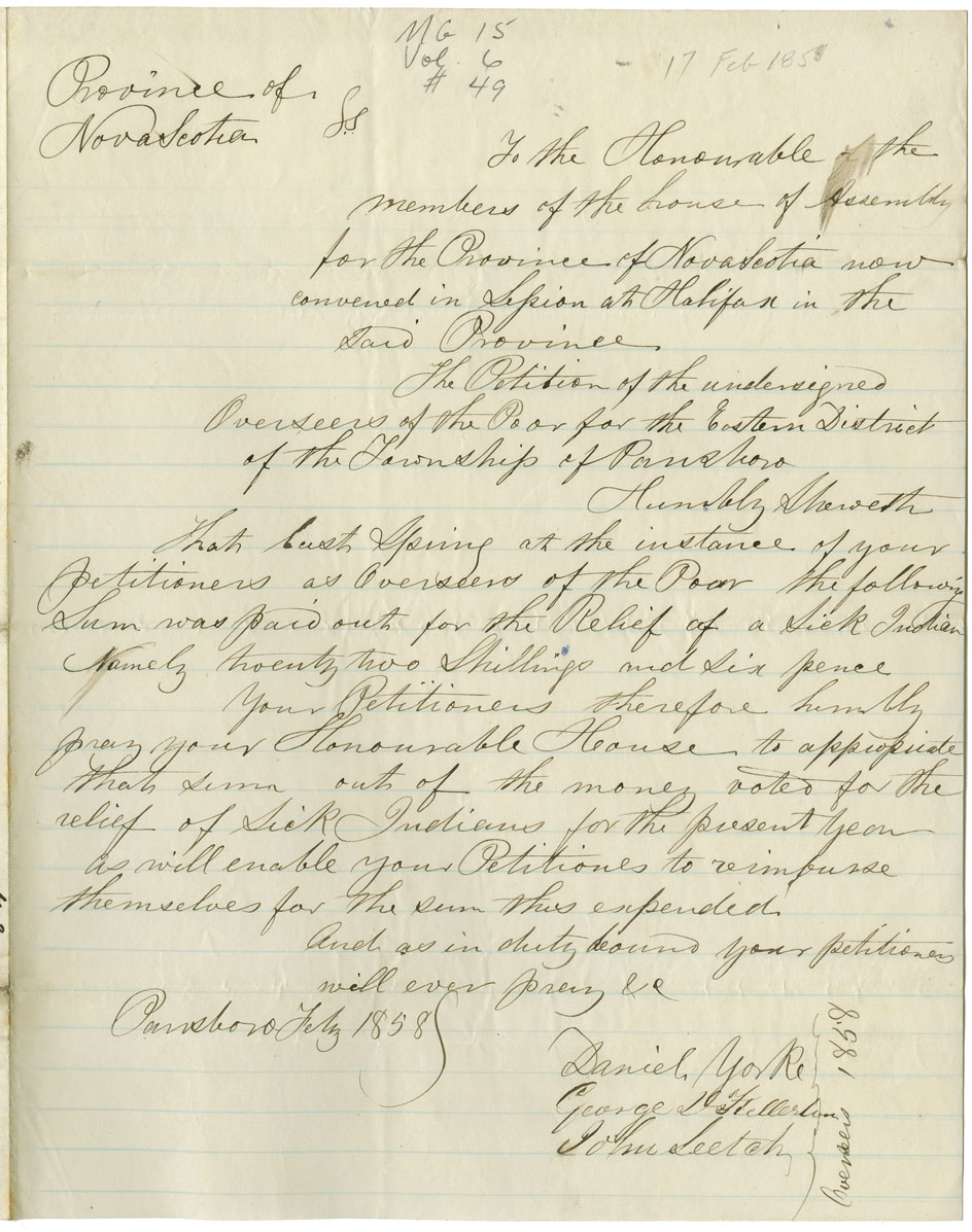 Petition of the Overseers of the Poor for the Eastern District of the Township of Parrsboro for money paid out to sick Mi'kmaq and expenditures in 1857.