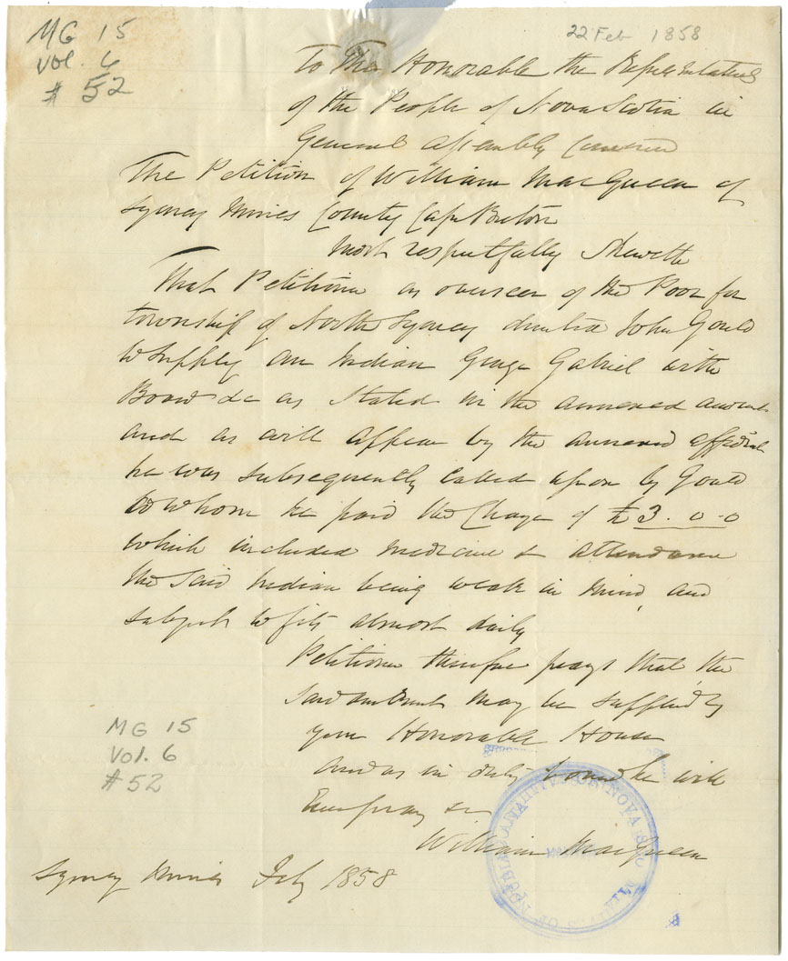 Petition of William MacQueen, Overseer of the Poor for the township of North Sydney, for remuneration of £3-0-0 spent in relieving a sick and destitute Mi'kmaq man, George Gabriel.