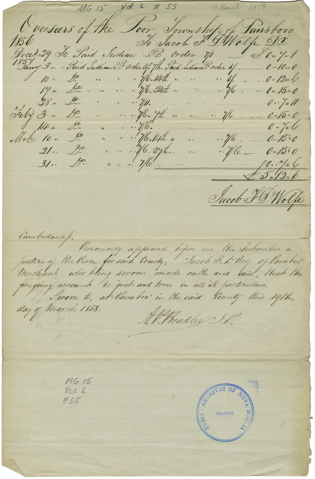 Account of monies for Mi'kmaq relief distributed by the Overseer of the Poor for Township of Parrsboro.