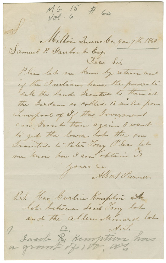 Albert Turner wishes to obtain a lot of land granted to Mi'kmaq Peter Toney near Liverpool, at 