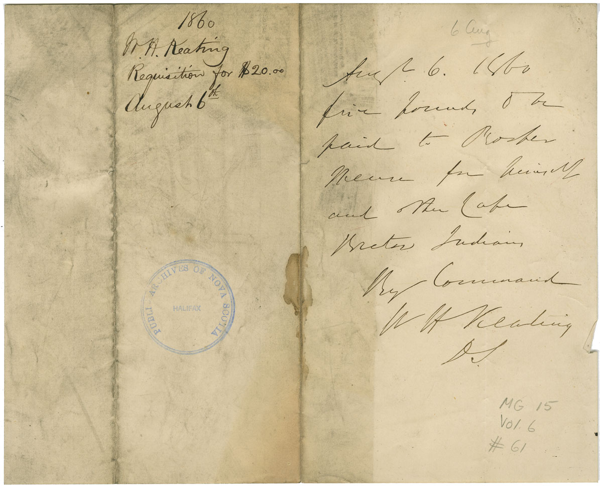 Requisition of money for relief of Cape Breton Mi'kmaq.