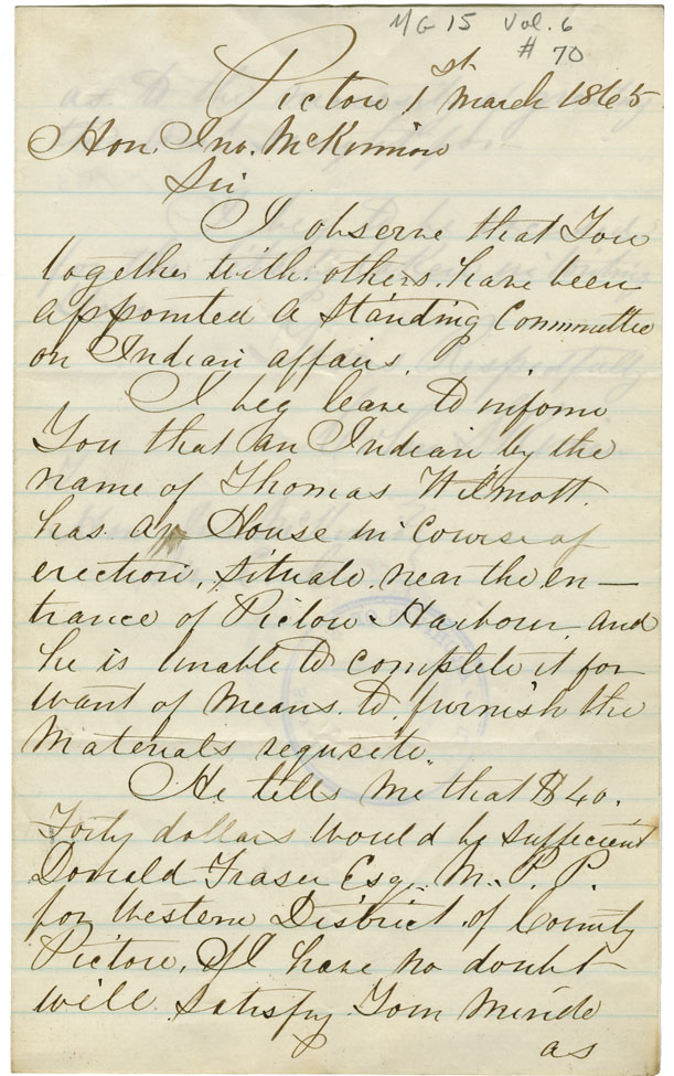 Request on behalf of Thomas Wilmott of Pictou for materials with which to finish building his house.