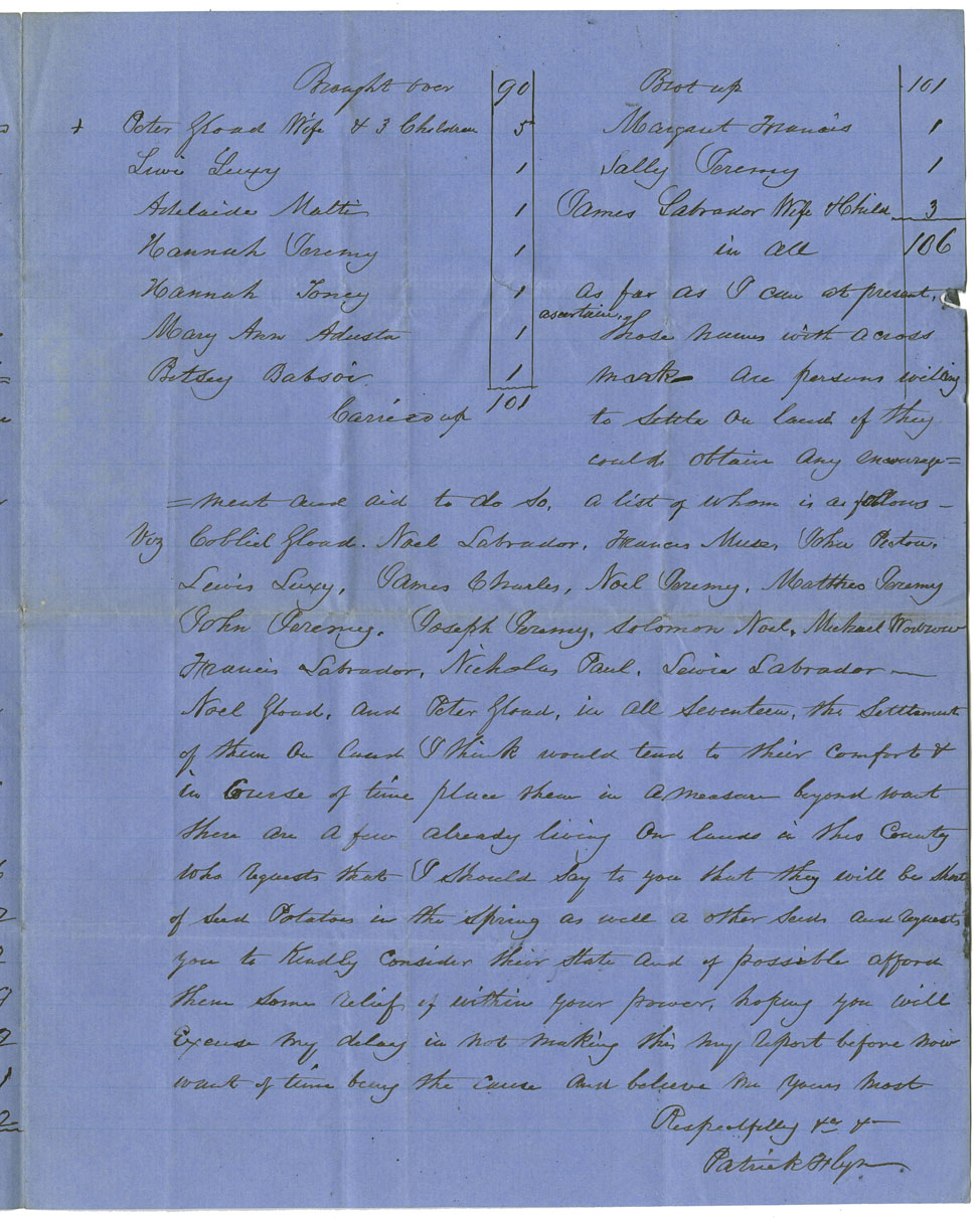 Account of the distribution of blankets and coats to destitute Mi'kmaq near Liverpool. Also tells of their desire to settle on land granted by the government.