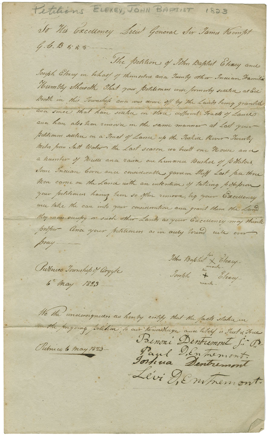 Petition by John Elexey and other Mi'kmaq on behalf of themselves and twenty other Mi'kmaq families, asking a grant of land on which they have settled at Pubnico, twennty miles back from salt water. They have built a house, several huts and raised a hundred bushels of potatoes, Indian corn and garden stuff.