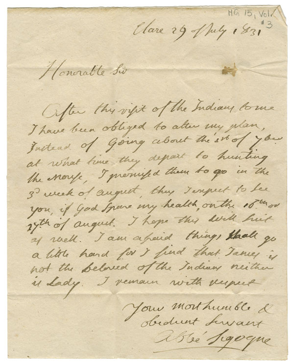 Letter from Abbe Sigogne to Judge Peleg Wiswall