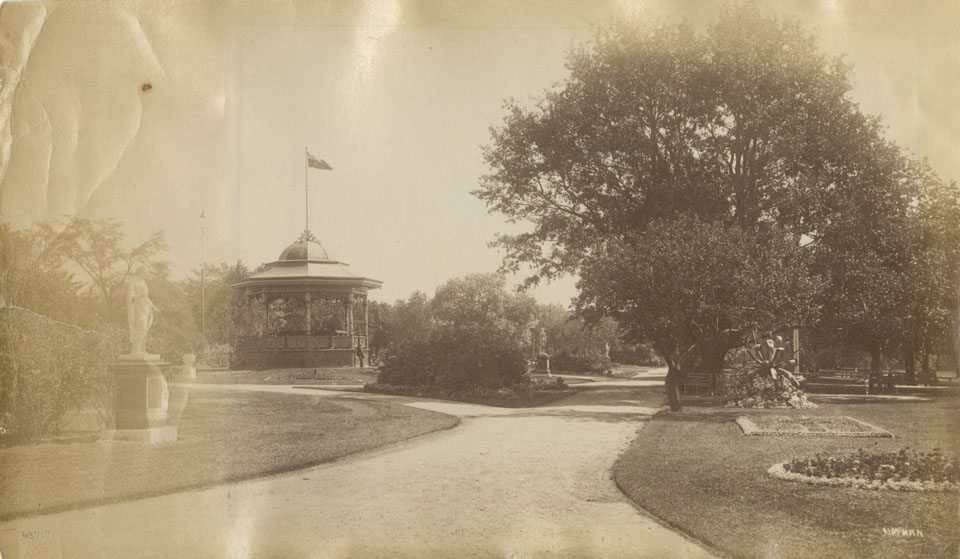 notman : Public Gardens, Halifax, showing Bandstand, flower beds, statuary, looking east