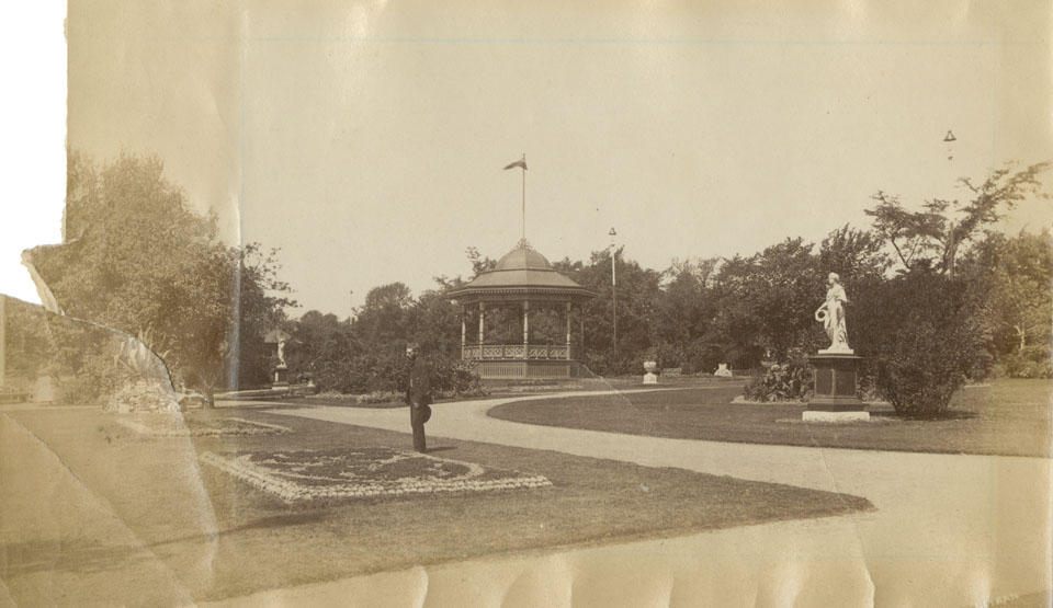 notman : Public Gardens, Halifax, showing Bandstand, flower beds, statuary, looking west