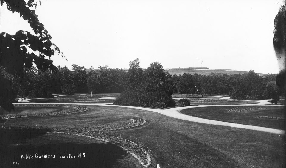 notman : Public Gardens, paths, flower beds, Citadel in background, Halifax, Nova Scotia