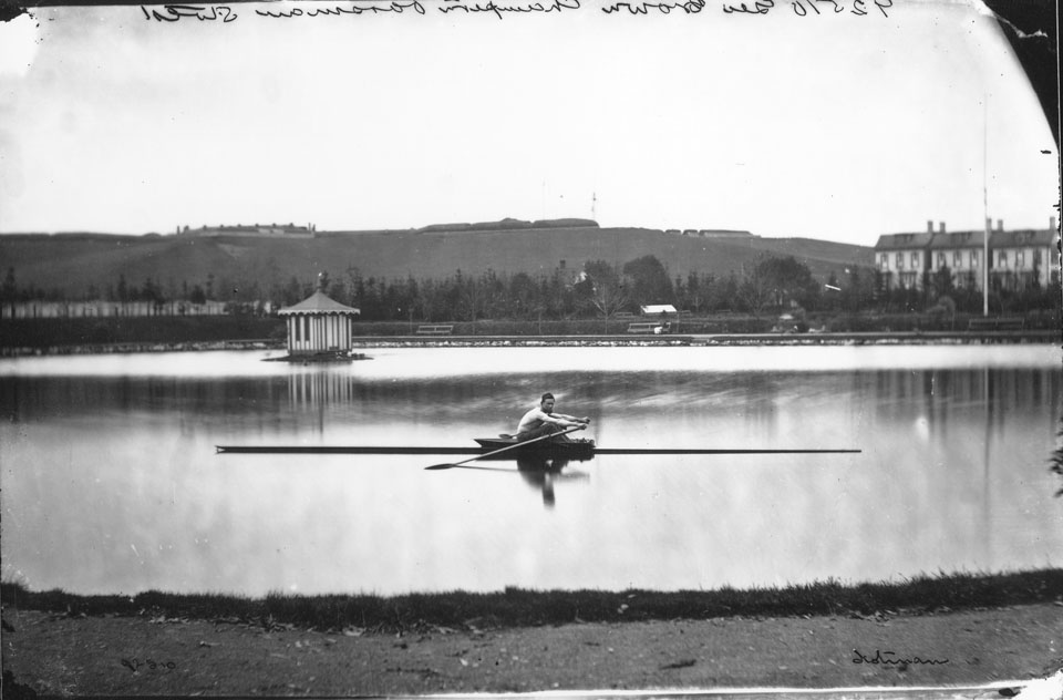 notman : George Brown, Champion Oarsmen, southwest, photographed on lake in Public Gardens, Halifax, Nova Scotia