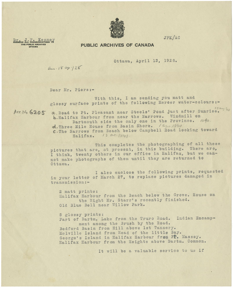 photocollection : Artists: Mercer, Col. A. C.: Correspondence from Dr. J F Kenney, Public Archives of Canada, to Harry Piers, Curator, Provincial Museum, Nova