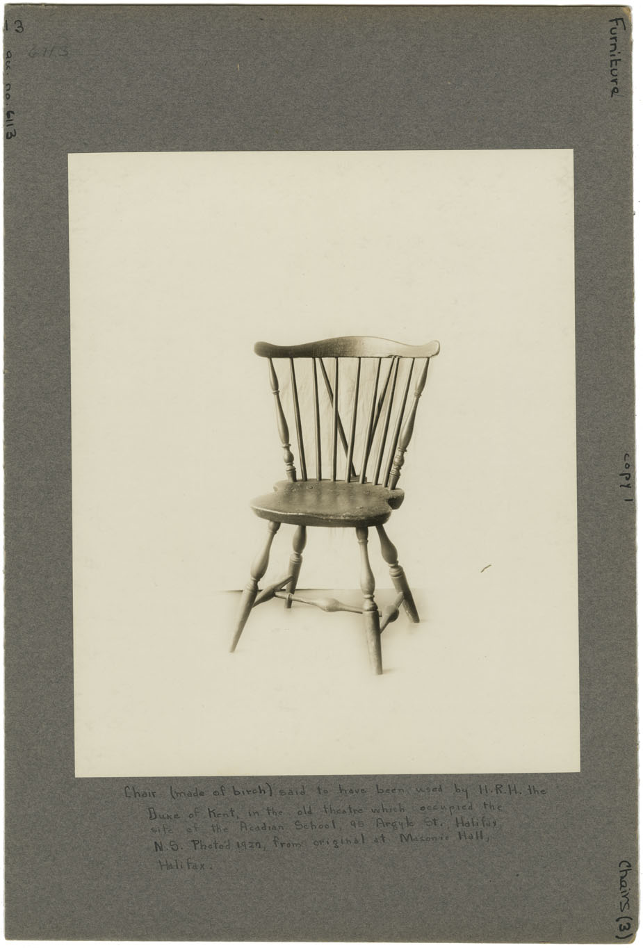 photocollection : Furniture: Chairs: Chair made of birch said to have been used by HRH the Duke of Kent in the old theatre which occupied the site of the Acad