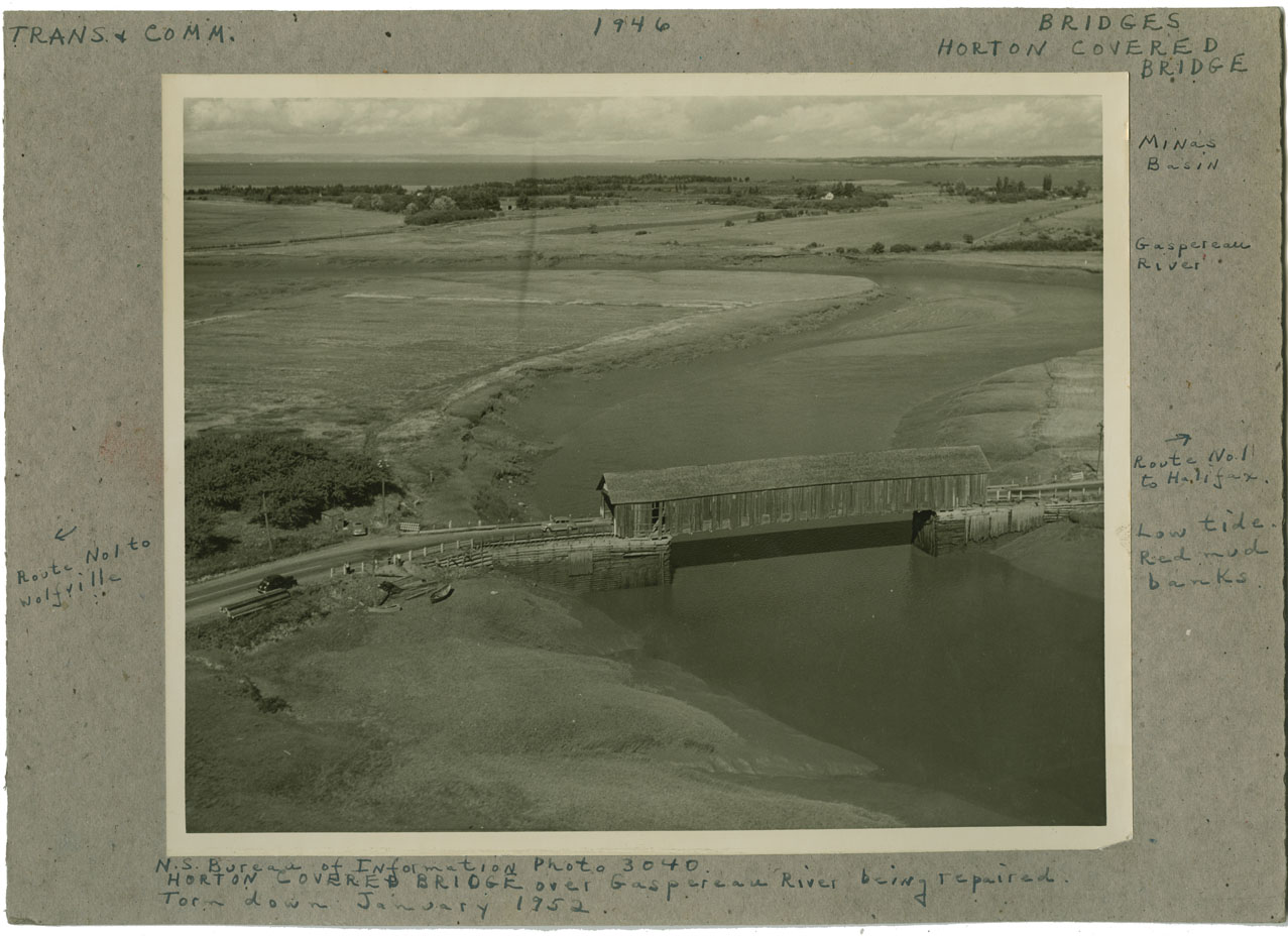 Transportation & Communication: Bridges: Horton Covered Bridgeover Gaspereau River, being repaired, torn down 1952
