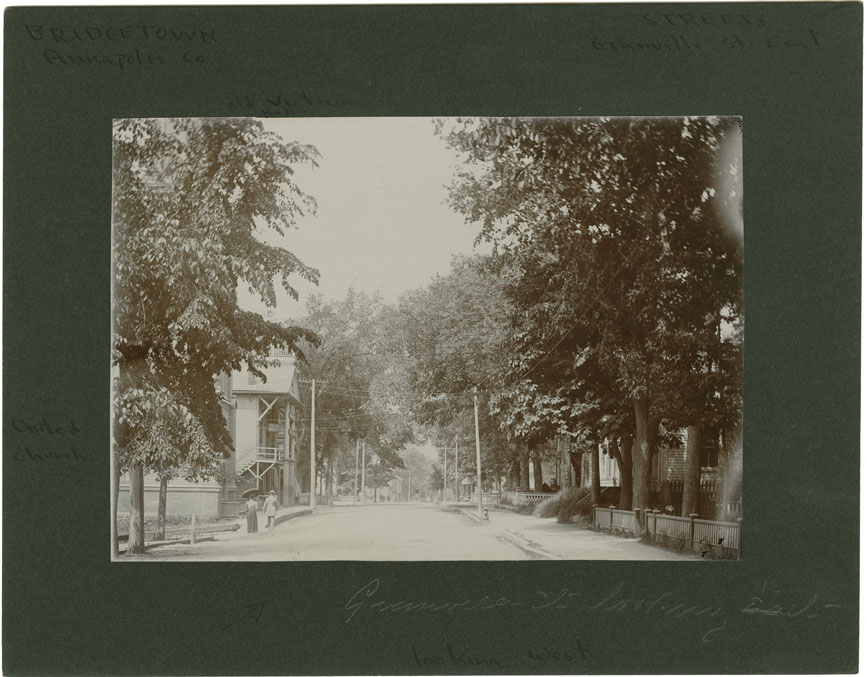 photocollection : Places: Bridgetown, Annapolis Co.: Streets: Granville St. East looking West, with the Methodist (now United) Church on left corner and old V
