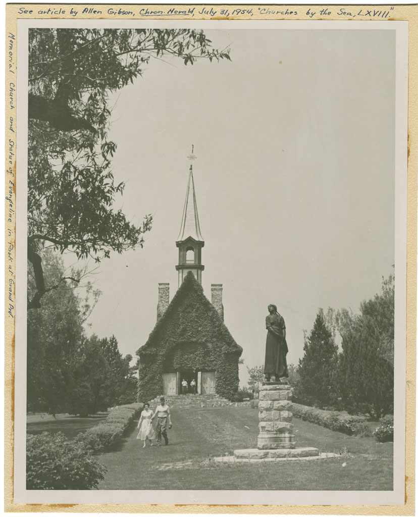 photocollection : Places: Grand Pre, Kings Co.: Churches: Memorial Church of St. Charles: Church and Statue of Evangeline in Park