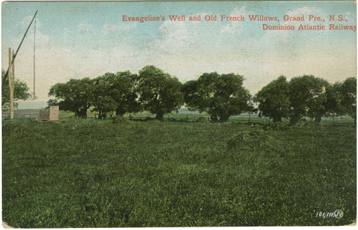 photocollection : Places: Grand Pre, Kings Co.: Evangelines Well and Old French Willows: Coloured Postcard