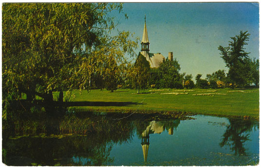 photocollection : Places: Grand Pre, Kings Co.: General View: Postcard of the pond, church and park