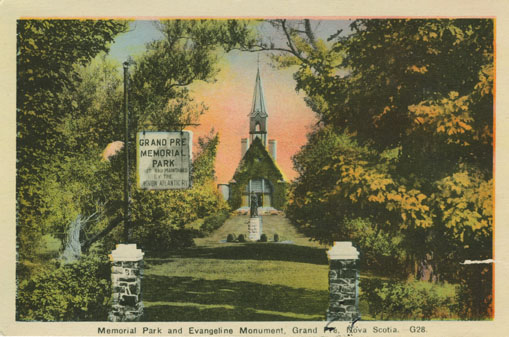 Places: Grand Pre, Kings Co.: Memorial Park: Postcard showing Evangeline Monument and Memorial Chapel