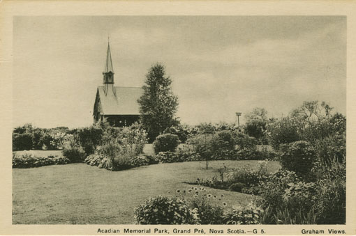 Places: Grand Pre, Kings Co.: Memorial Park: Postcard of Acadian Memorial Park, showing the chapel