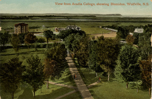 Places: Wolfville, Kings Co.: Acadia University: Postcard of View from Acadia College, showing Blomidon