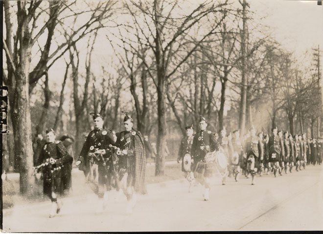 photocollection : Army: Battalions and Regiments: 85th Battalion: WW1: General: [85th Battalion and/or N.S. Highlanders band marching along near Public Garden