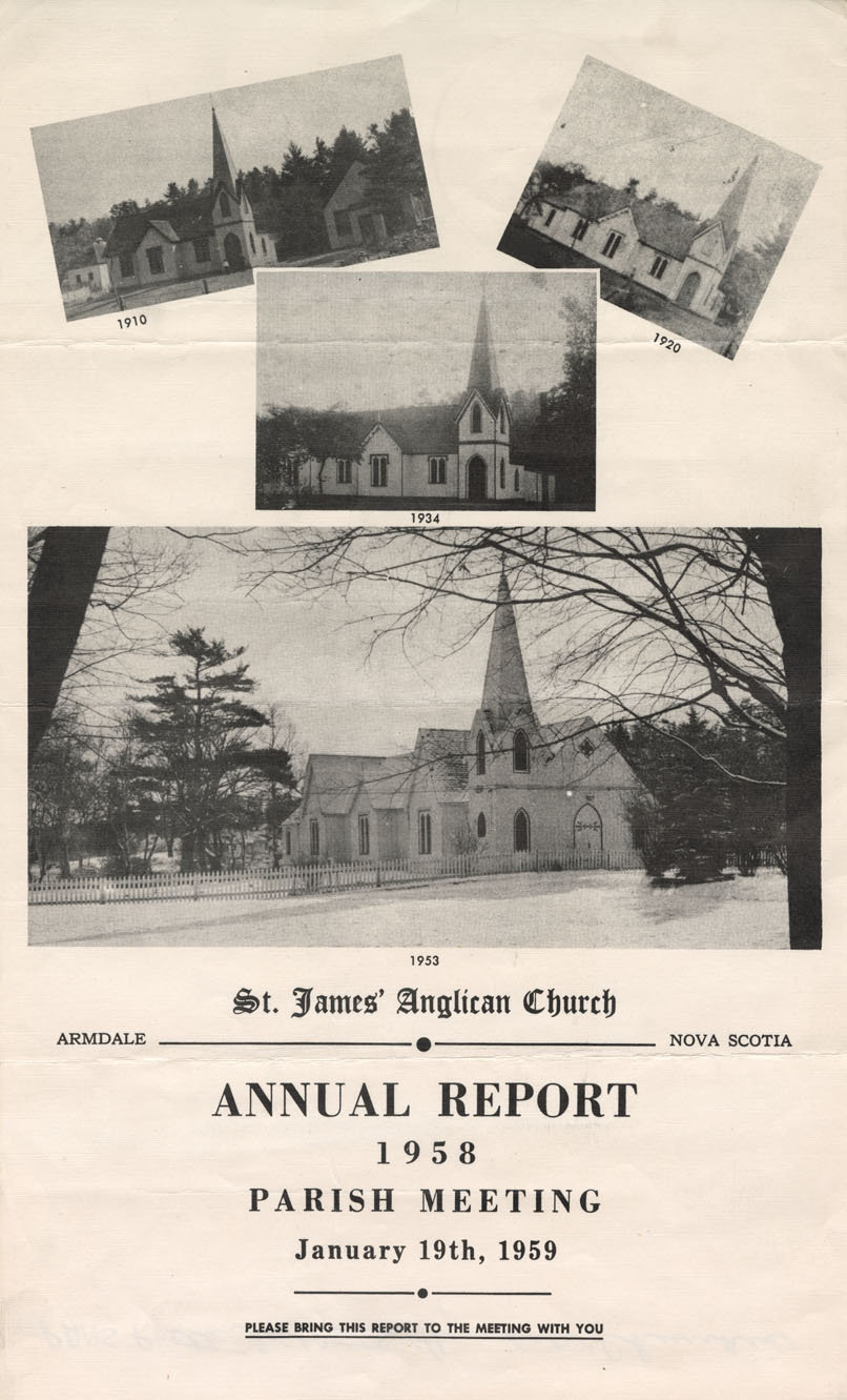 Book Jackets, Advertisements, and Art Reproductions: Annual Report for 1958: St James' Anglican Church: with photos through the years