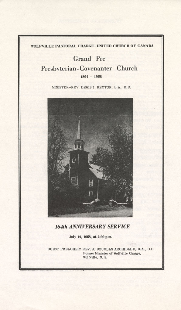 Book Jackets, Advertisements, and Art Reproductions: 164th Anniversary Service brochure for Grand Pre Presbyterian-Covenanter Churcg