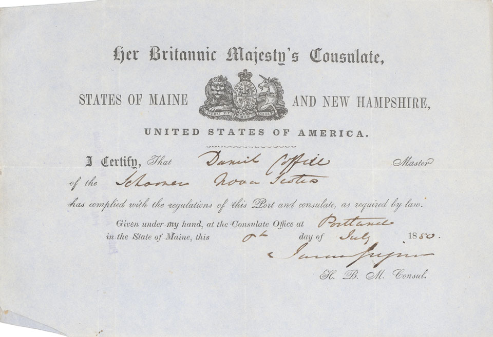 ports : Consulate certificate for the States of Maine and New Hampshire issued to Daniel Coffill